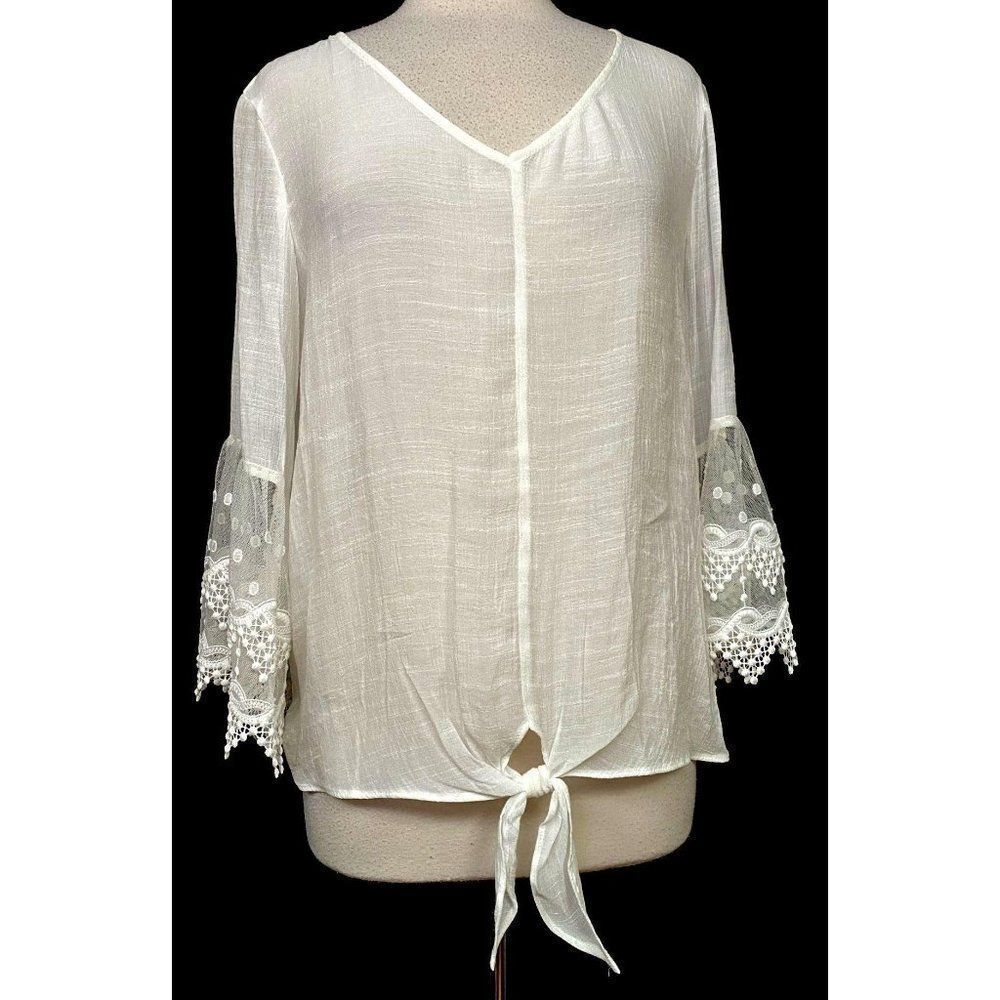 Ivy Ridge Feminine BoHo White Lace Sleeve Tie Front Blouse Sz L Pullover NEW